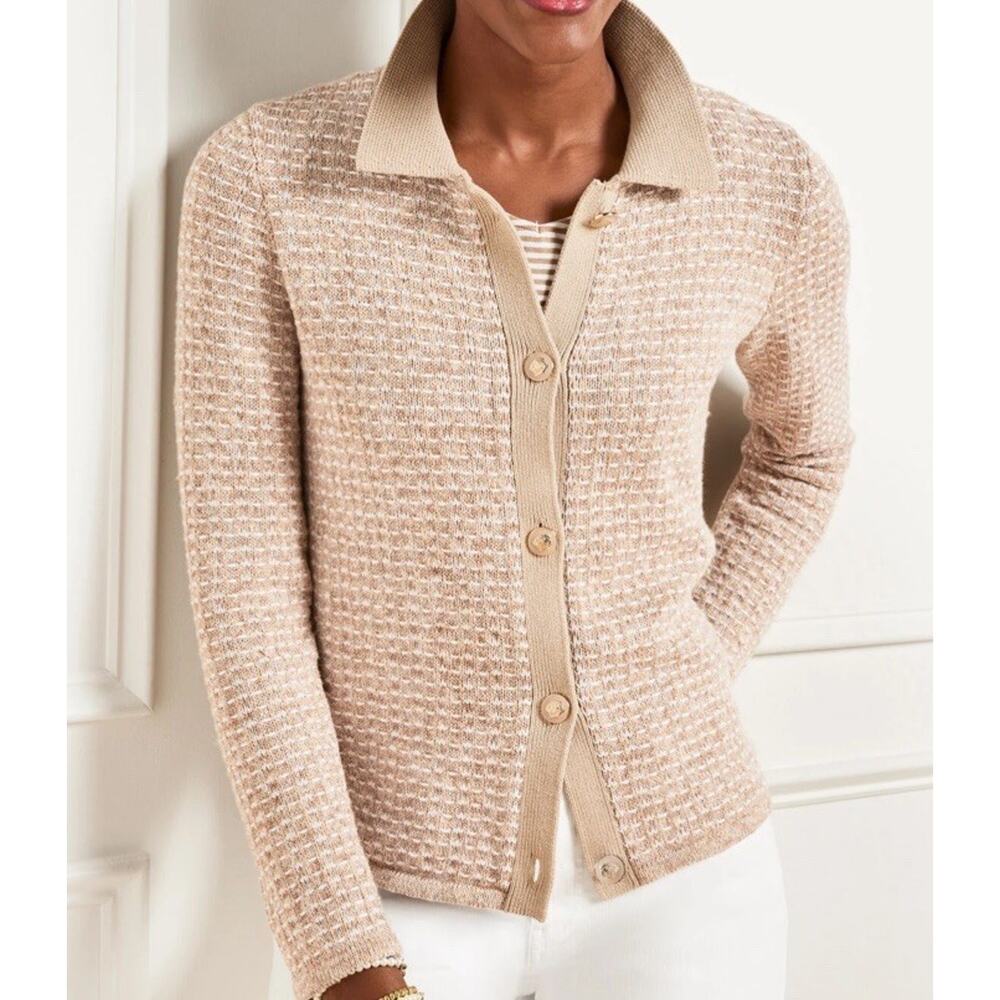 NEW Talbots Womens XS Polo Cardigan Dash Stripe Beige Tan Button Front Sweater